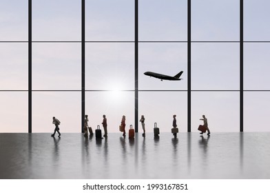 Miniature People In Queue At Airport Terminal 