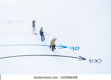 Miniature People: Small Old Women Figures Standing On Age Mile Arrow. An Aging Society And Pension Concepts. 