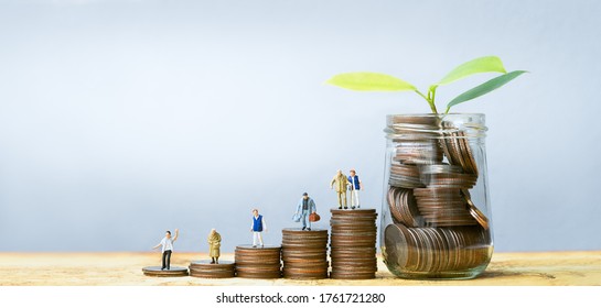 Miniature People Standing On Stack Of Coins. Inequality And Social Class. Income And Economic Inequality Concept. Inequality In Social Class, Ideology, Gender, Racial And Ethnic And Health.