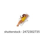 Miniature people, Traveler sunbathing on deck chairs isolated on white background with clipping path