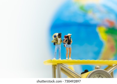 Miniature People, Travelers With Backpack Travel By The Plane, Walking To Destination