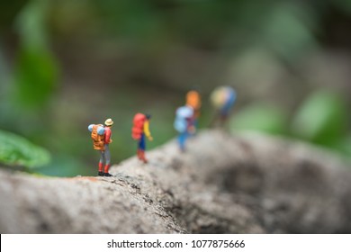 Miniature People, Travelers Trekking In Rain Forest. Travel And Leisure Concept.