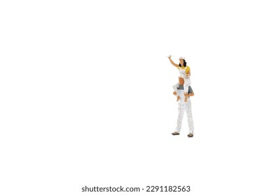 Miniature people : woman sitting on man's shoulder using brush painting on white background with copy space                              