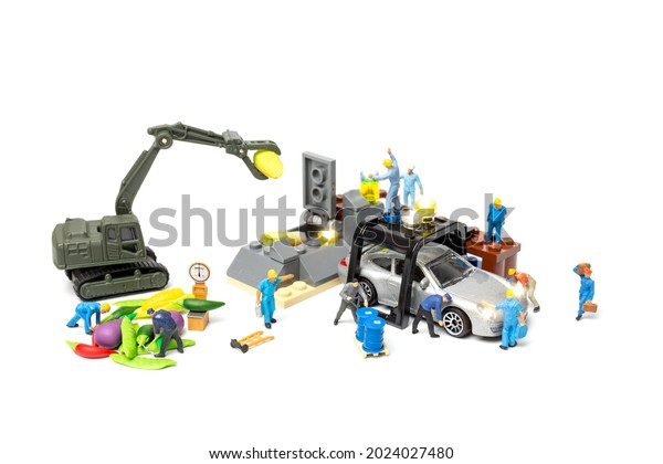 Miniature people work at Bio fuel pump station\
with vehicles in clean air environment without greenhouse gases and\
CO2 , Biofuel system\
concept