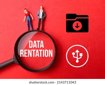 Miniature People,magnifying Glass And Icon With Text DATA RETENTION On Red Background.