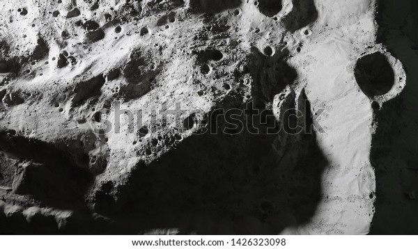 Miniature scale model of the Moon surface with its\
craters, shoot in the studio set under small led lights, with wide\
angle lens.