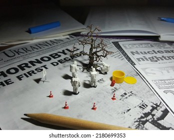 Miniature scene of restricted area on the office table. Journalism concept design. Many unfocus stuff at table. Conceptual design of toy photography.