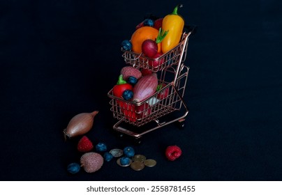 Miniature shopping cart overflowing with colorful produce, promoting healthy eating habits and responsible grocery shopping. - Powered by Shutterstock