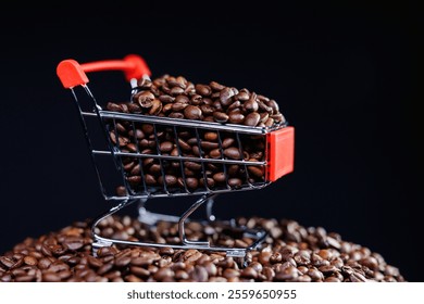 Miniature shopping cart overflowing with roasted coffee beans, placed on a mound of more coffee beans against a dark background - Powered by Shutterstock