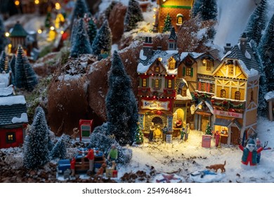 Miniature snow-covered Christmas village with illuminated shops, figurines, pine trees, and festive details creating a cozy winter wonderland scene. - Powered by Shutterstock