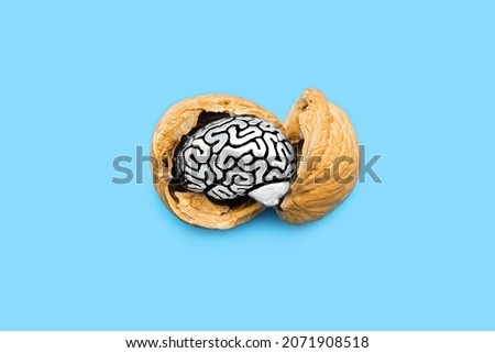 Miniature steel brain in a walnut shell isolated on blue background. Brain food essentials concept.