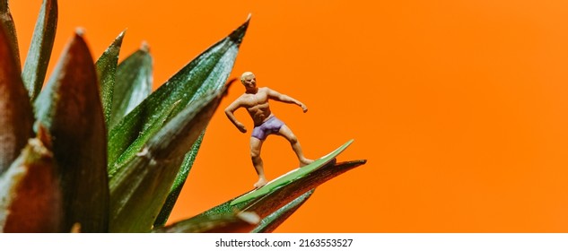 a miniature surfer man riding his surfboard, on the leaves of a pineapple, against an orange background with some blank space on the right, in a panoramic format to use as web banner or header