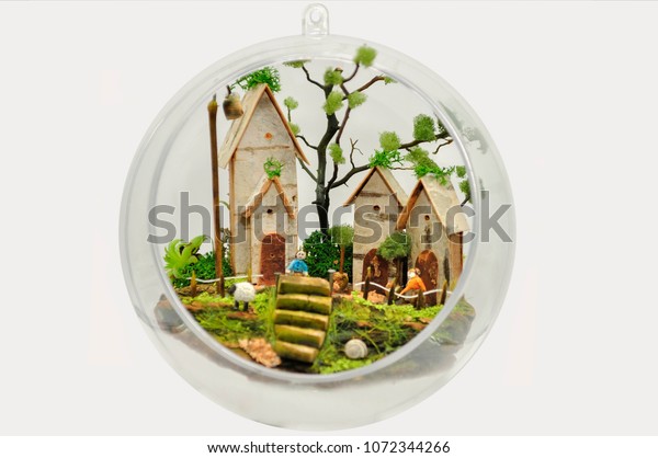 Miniature Terrarium Landscape Village People Farmer Stock Photo