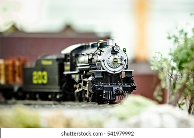 Miniature Toy Model Train Locomotives On Display