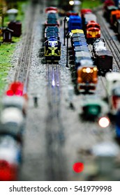 Miniature Toy Model Train Locomotives On Display