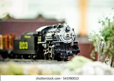 Miniature Toy Model Train Locomotives On Display