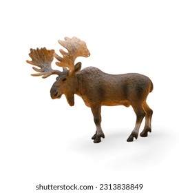 Miniature toy moose animal side view white background