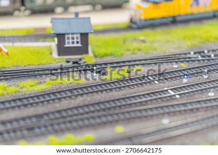 Miniature train layout on multiple tracks, outdoor setting with rural or industrial elements, detailed trains, miniature buildings villageindustrial complex, tracks switches, signals, diffused l