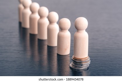 Miniature wooden figures of people standing on stack of coins. Inequality and social class. Income and economic inequality concept. Inequality in social class, ideology and health. Financial growth - Shutterstock ID 1889434078