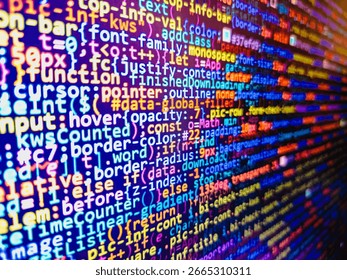 Minificated web development javascript code close up in sunset rays. Computer code data. Flat design, web development. Programmer Typing New Lines of HTML Code at working Time. Programming code