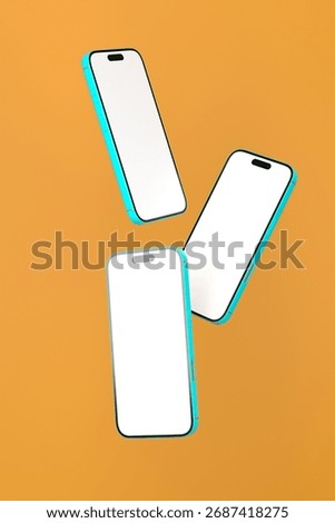 Minimal 3D render showing multiple smartphones levitating with empty displays, isolated on yellow backdrop.