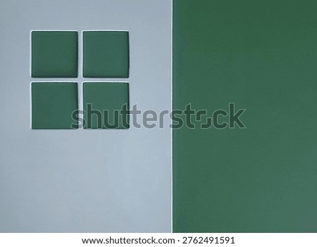 Minimal abstract architectural composition featuring a stylised white window frame with green panes against a green background with generous copy space