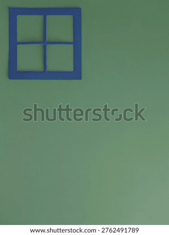 Minimal abstract architectural composition featuring a stylised blue window frame on a soft green background with generous vertical copy space