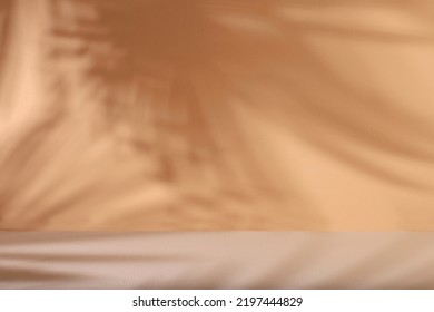 Minimal Abstract Background For Cosmetic Products Presentation.Empty Premium Podium With Shadows Of Tropical Palm Leaves On Beige Wall,template For Design,pedistal Display Podium,selective Focus