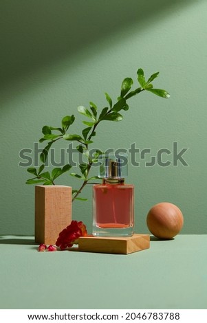 Minimal abstract cosmetic pomegrante background for product presentation. stone, wood shape with pomegrante red ingredients shades over concept background. Can use as perfume and cosmetics mock up.