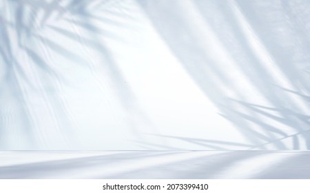 Minimal Abstract Light Blue Background For Product Presentation. Shadow Of Tropical Leaves And Curtains Window On Plaster Wall.