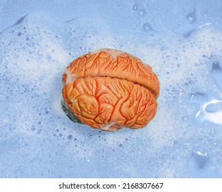 Minimal abstract scene with model of human brain with soap suds foam on isolated pastel purple background. Mental health, detoxification, treatment or health care. Cleansing or brainwashing concept.