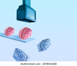 Minimal abstract, surreal scene with TV box and human brain models isolated on pastel blue background. Role and influence of television in shaping public opinion. Communication in mass media concept.