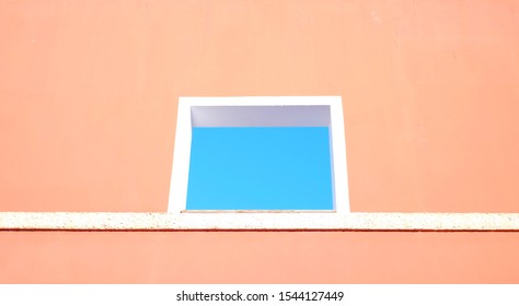 Minimal Architecture Detail Pink Wall And Blue Sky In The Window, Concept Of Hope And Optimistic Outlook.