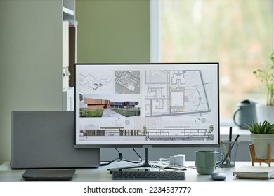 Minimal background image of computer with 3D blueprints on screen, architects workplace, copy space 