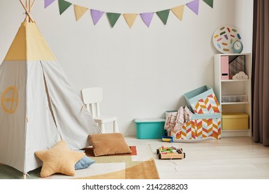 Minimal Background Image Of Cute Kids Room Interior With Play Tent And Decor In Pastel Colors, Copy Space