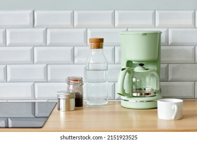 Minimal Background Image Of Home Coffee Station On Wooden Kitchen Counter In Morning, Copy Space