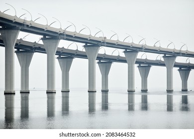 Minimal Background Image Of Industrial High Tech Bridge In Water, Copy Space