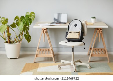 Minimal Background Image Of School Backpack By Desk In Home Interior, Copy Space