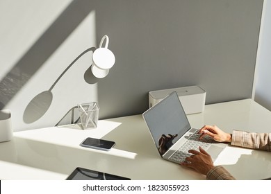 Minimal background image of unrecognizable woman using laptop on white workplace desk with focus on elegant female hands typing on keyboard in sunlight, copy space