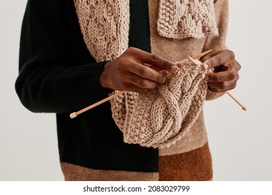 Minimal Close Up Of Unrecognizable African-American Man Knitting Scarf, Copy Space