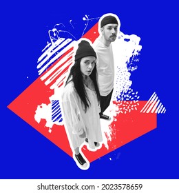 Minimal collage art. Young couple, bw man and woman, hipsters standing, posing over blue background Concept of colored design, fashion, style. Creative image