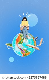 Minimal collage photo of young student girl reading favorite encyclopedia book enjoy geography literature sit globus isolated on blue background