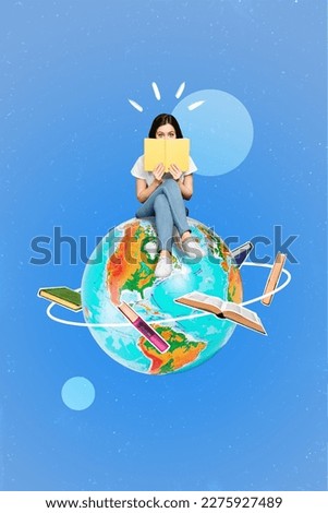 Minimal collage photo of young student girl reading favorite encyclopedia book enjoy geography literature sit globus isolated on blue background