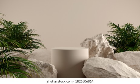 Minimal cosmetic background for product presentation. Cosmetic bottle podium and green leaf on gray color background. 3d render illustration. Object isolate clipping path included.