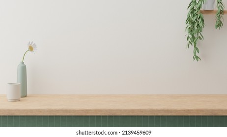 Minimal cozy counter mockup design for product presentation background. Branding in Japan style with wood top green counter and warm white wall with vase plant ceramic mug. Kitchen interior - Shutterstock ID 2139459609