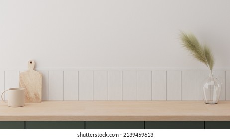 Minimal cozy counter mockup design for product presentation background. Branding in Japan style with bright wood top green counter and warm white wall grass glass vase mug. Kitchen interior  - Shutterstock ID 2139459613