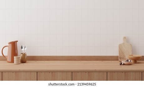 Minimal cozy counter mockup design for product presentation background or branding with bright wood counter  tile white wall with orange brown jug mug chop fork spoon bowl. Kitchen interior  - Shutterstock ID 2139459625