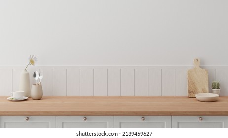 Minimal cozy counter mockup design for product presentation background or branding with bright wood top white counter and wall with vase flower mug chop fork spoon cup. Kitchen interior 