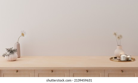 Minimal Cozy Counter Mockup Design For Product Presentation Background. Branding In Japan Style With Bright Wood Counter And Warm White Wall With Vase Plant Flower Candle. Kitchen Interior. 