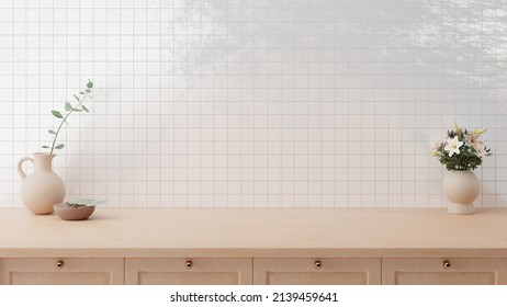 Minimal Cozy Counter Mockup Design For Product Presentation Background. Branding In Japan Style With Bright Wood Counter And Gloss Tile Wall With Vase Plant Flower Bowl. Kitchen Interior 